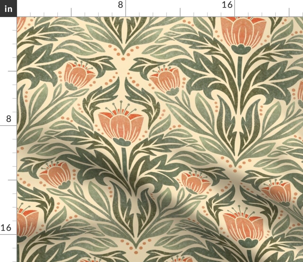 Block Print Floral Orange Tulip Damask Rustic Farmhouse Flowers Green Leaves Custom Printed Fabric by Spoonflower Various Fabrics by the Yard or Fat Quarter